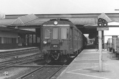 MO 1855 photographed at the railwaystation in Fredericia - waiting for departure to Svendborg. 5. May 1978.  The MO class (type V) was built by Frichs in Denmark in a number of 90. It was put in service in 1951 - 1958. 3-B. Two 6-cyl. Frichs dieselelectric engines. 500 hp. Max speed 120 km/h - 75 mph. Length 20 930 mm. Weight 65 metric tonnes. 37 seats. MO 1849 was put in service in 1954. Withdrawn from service in 1983.